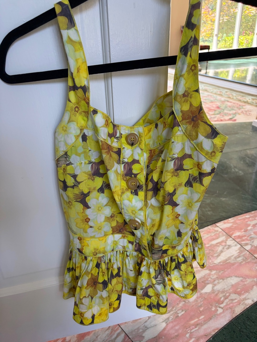 Yellow Floral Button-Front Peplum Tank Top